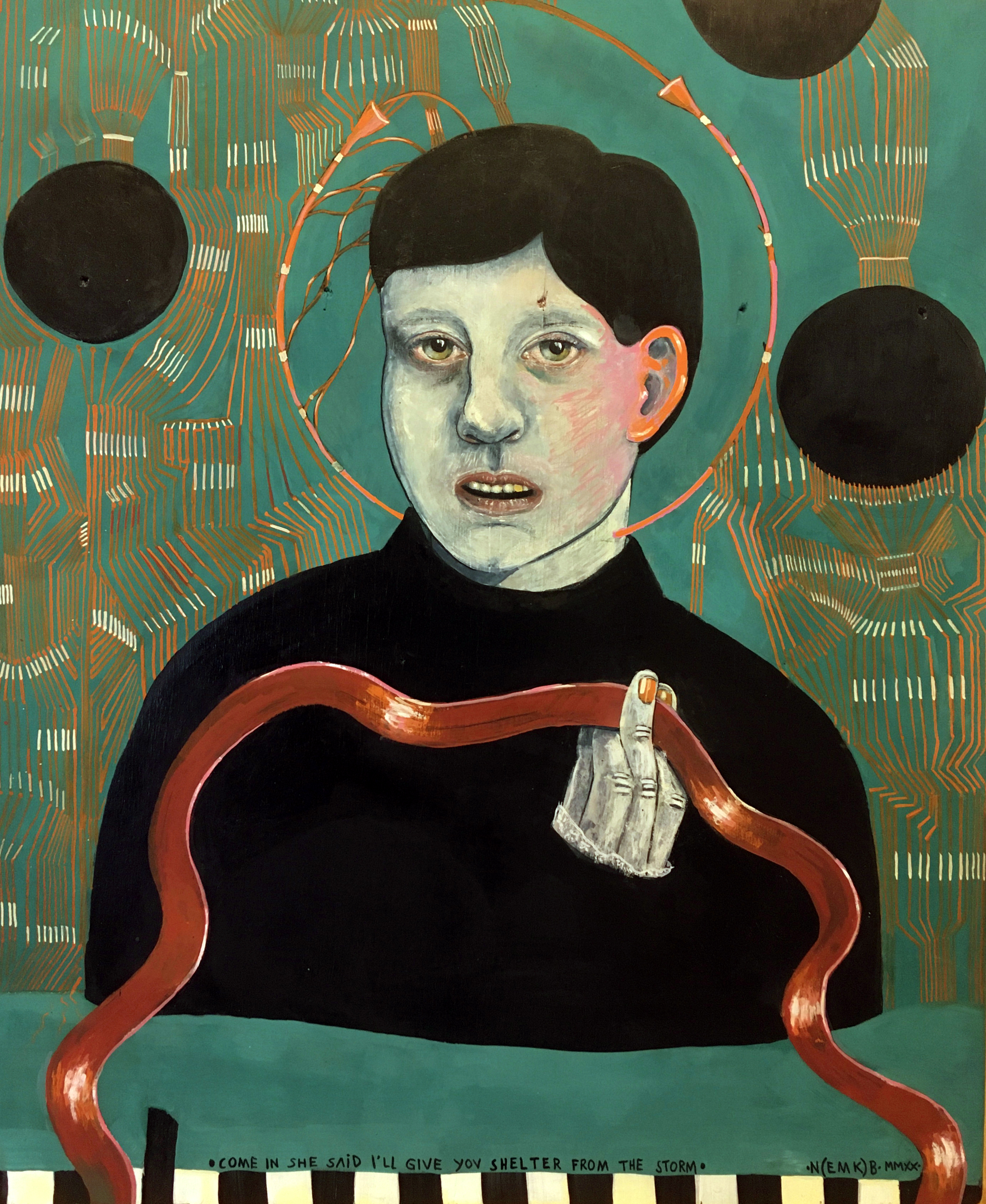 A painting of a person with dark short hair and a dark sweater. The person looks straight ahead and holds something that looks like a red strap. The background is blue-green with orange lines and three larger black filled circles.