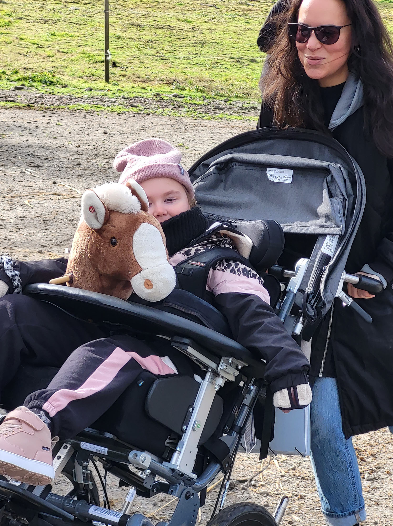 En kvinna står bredvid en barnvagn där ett barn sitter och håller i en gosedjurshäst. De är utomhus och ser ut att delta i en aktivitet.