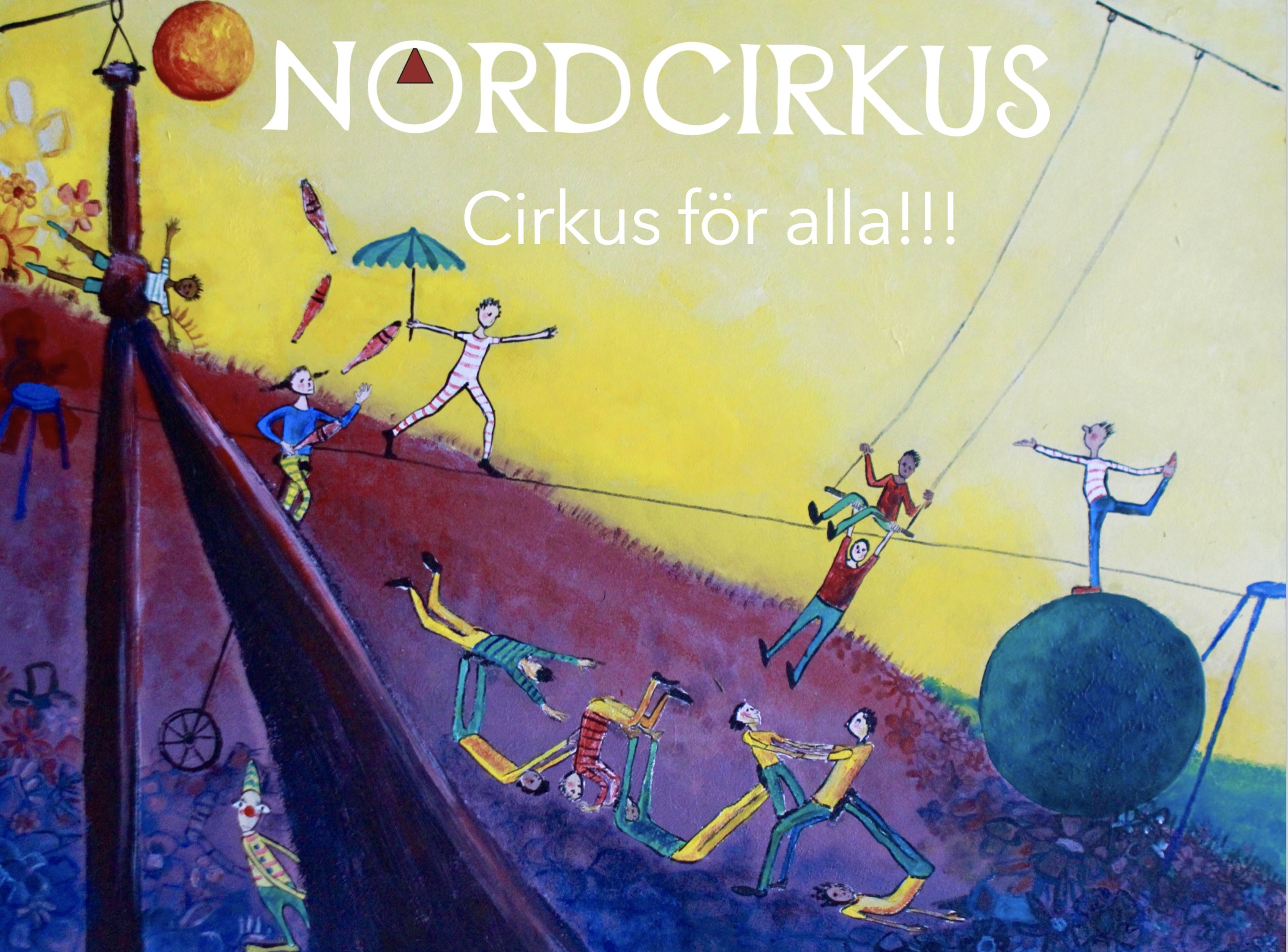 Illustrerad bild på människor som utövar olika former av cirkuskonster.