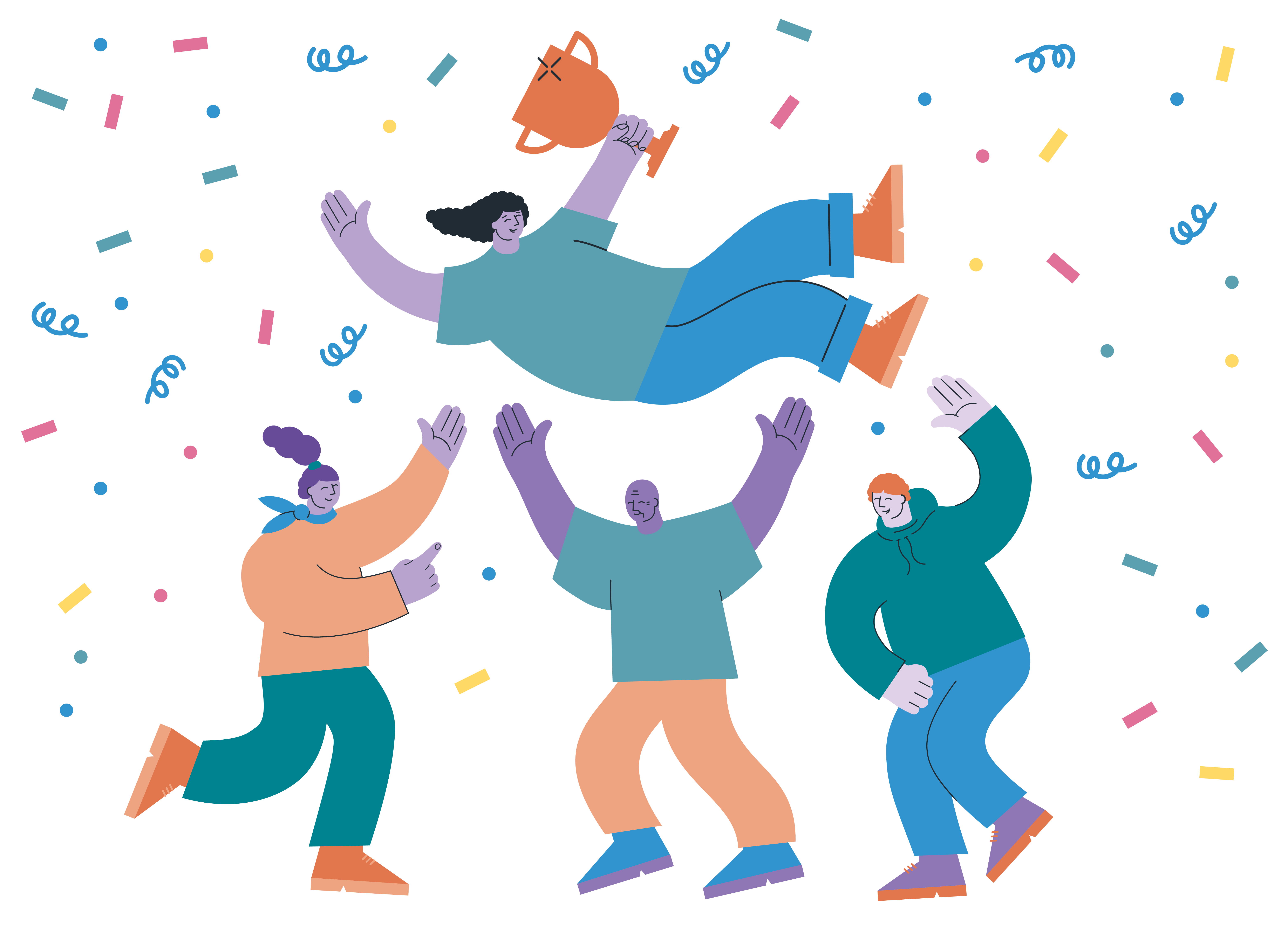 Illustration i glada färger. Fyra personer firar – tre står på marken och kastar upp en fjärde person i luften. Den som lyfts upp håller en guldig pokal.