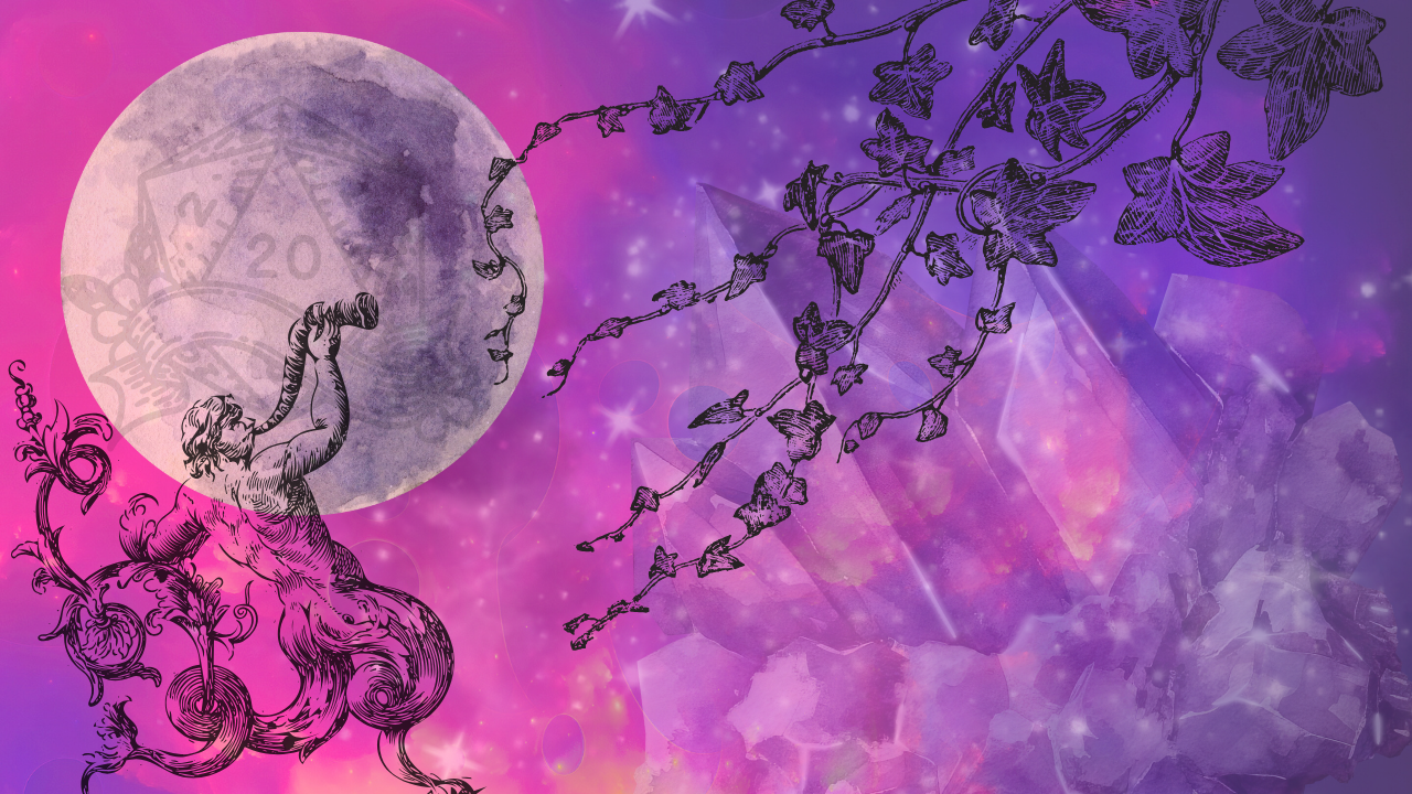 An illustrated image with a circular shape and a pink/purple background. Featuring a mythical creature and branches partially covering the image.**