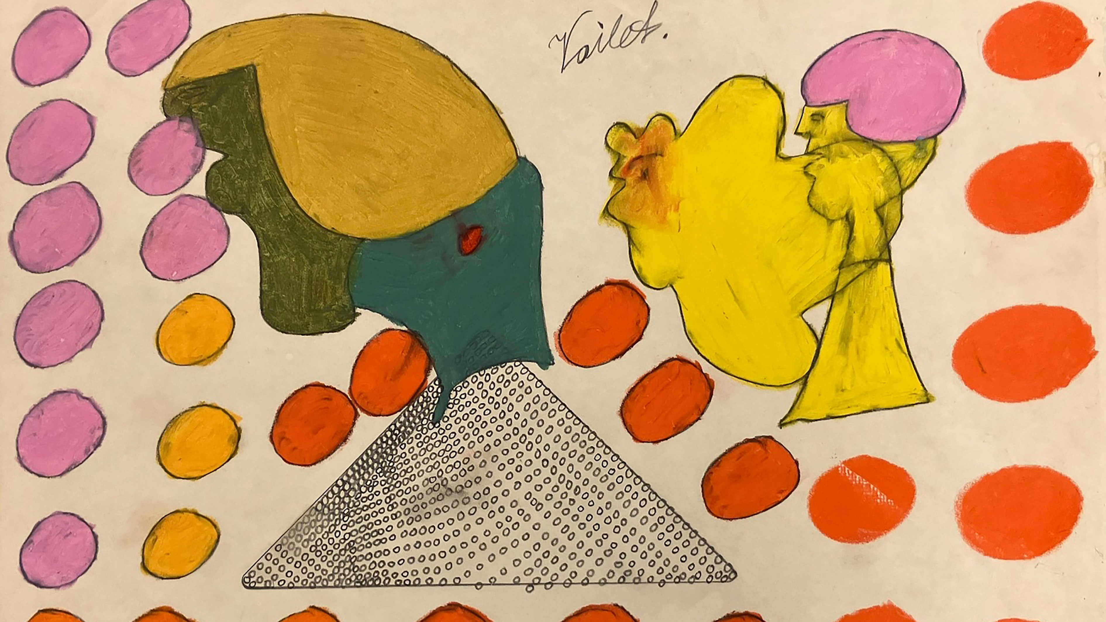 Ett färgstarkt konstverk med abstrakta former i gult, grönt, rosa och orange. Två figurliknande gestalter möts över en mönstrad triangel. Bakgrunden är fylld med färgglada prickar. Signaturen