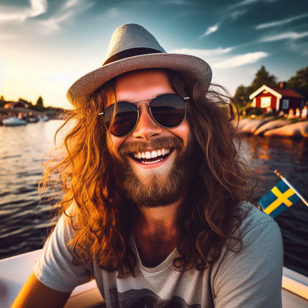 En person med långt lockigt hår, skägg, solglasögon och hatt sitter på en båt och ler stort mot kameran. I bakgrunden syns vatten, sommarstugor och en svensk flagga.