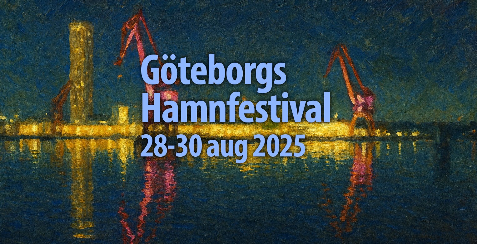 En animerad bild som föreställer en hamn med flera kranar och lysande byggnader. En logotyp där det står Göteborgs Hamnfestival.