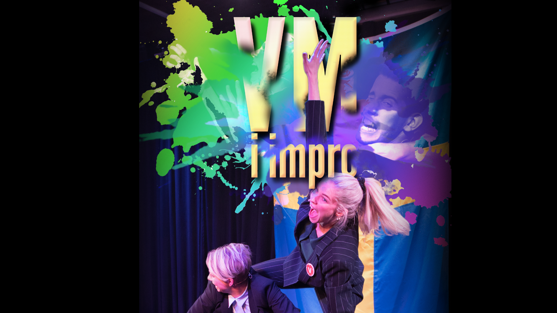 Happy woman raises her arm and puts her leg on the shoulder of the woman who is squatting.