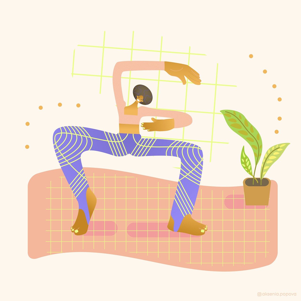 En färgglad illustration av en person i en yogaliknande pose på en matta. Personen har blåvita rutiga byxor och håller armarna i en fyrkantig form framför ansiktet. I bakgrunden finns ett rutnät och en grön krukväxt står till höger på mattan.