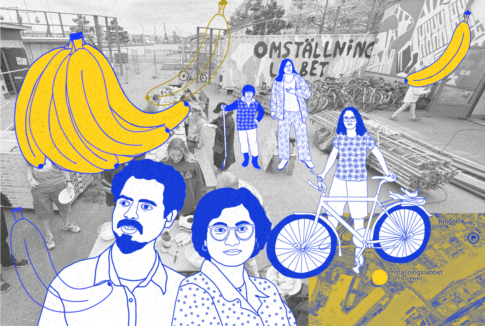 A cartoon image where a man and a woman are seen in the foreground. In the background, a person can be seen leading a bicycle. The picture also shows a cartoon bunch of bananas and a playground.