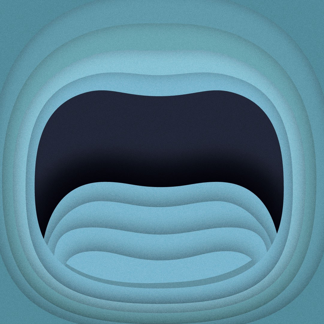 En abstrakt illustration i blå nyanser. Bilden föreställer ett stort gapande mörkt hål i mitten, omgivet av flera lager i ljusare blå toner som formar vågiga konturer. Det kan likna en stiliserad öppen mun eller en djup tunnel.