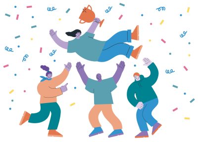 Illustration i glada färger. Fyra personer firar – tre står på marken och kastar upp en fjärde person i luften. Den som lyfts upp håller en guldig pokal.