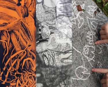 Three artworks in the colors orange and black as well as gray and white.