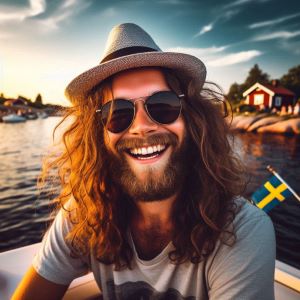 En person med långt lockigt hår, skägg, solglasögon och hatt sitter på en båt och ler stort mot kameran. I bakgrunden syns vatten, sommarstugor och en svensk flagga.
