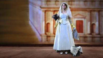 En person iklädd vit prinsessklänning och slöja står med en dammvippa i ena handen och en trasa i andra.