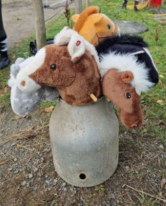 Flera käpphästar är samlade i en betonghink utomhus, redo att användas i en lek eller aktivitet.