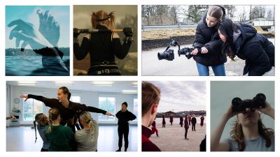 Ett bildkollage med sex olika foton:
En konstnärlig bild med dubbla exponeringar: två händer under vatten överlagrade mot en sjö och träd i bakgrunden.
En person med uppsatt hår och svarta kläder lyfter en skivstång bakom nacken.
Två unga kvinnor står utomhus och arbetar tillsammans med en filmkamera, båda fokuserade på utrustningen.
Fyra personer i ett ljust dansrum där en person hålls uppe i luften med armarna utsträckta, som i en danslyft.
En grupp människor står utspridda på en frusen sjö, alla klädda i mörkröda kläder. En person i förgrunden tittar mot gruppen.
En flicka med ljust hår håller en kikare mot ögonen och tittar upp mot himlen.