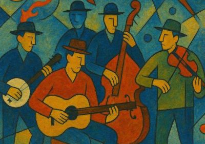 A painting in blue, green, and orange tones depicts a music group with five people. All are stylized in geometric shapes and wear hats. One plays the banjo, another the guitar, a third the double bass, and a fourth the violin. The fifth figure stands in the background. The colors are bold and flat, giving the artwork a graphic and almost cubist feel.